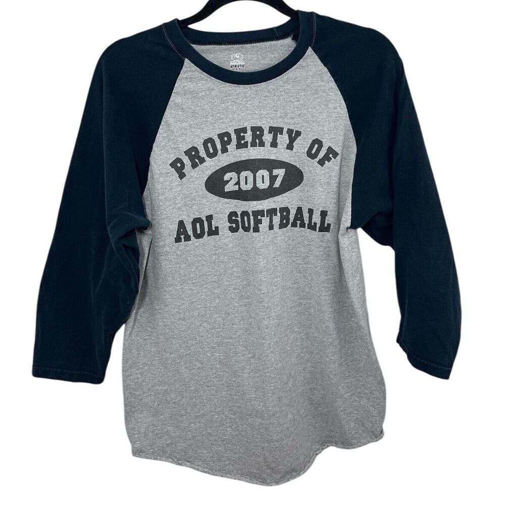 VTG America Online AOL Baseball Shirt 3/4 Sleeve Medium Gray Blue Raglan Y2k